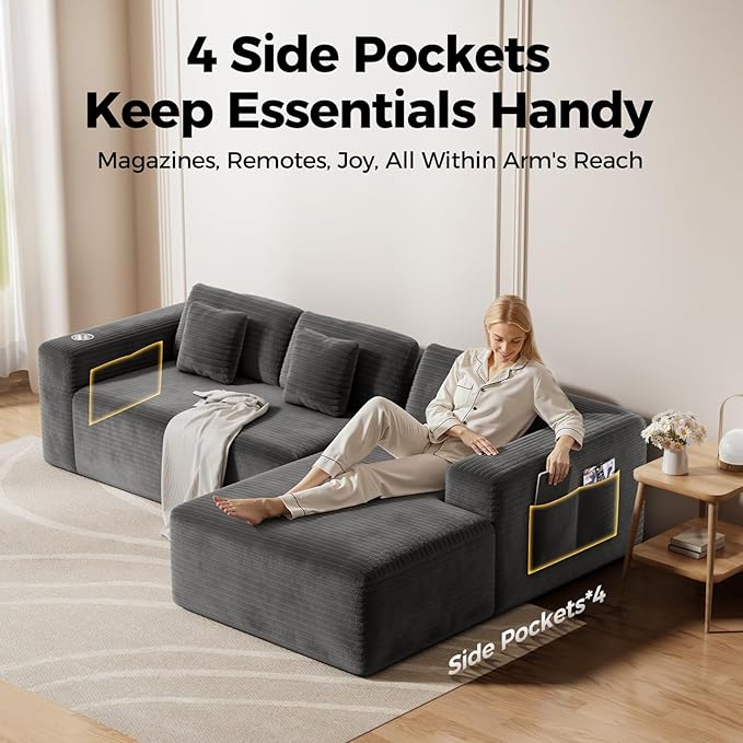 108” Cloud Sectional Couch, Modern Modular Sectional Sofa with Deep Seat, Corduroy Boneless Couches with Chaise, L-Shaped Sofa for Living Room, 4 Storage Pockets (Right Facing Chaise, Grey)
