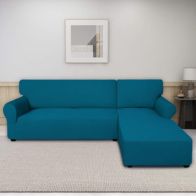 PureFit Super Stretch Sectional Couch Covers - 2 pcs Spandex Non Slip Sofa Covers with Elastic Bottom for L Shape Sectional Sofa Couch, Great for Kid & Pet (3 Seat Sofa + 3 Seat Chaise, Peacock Blue)