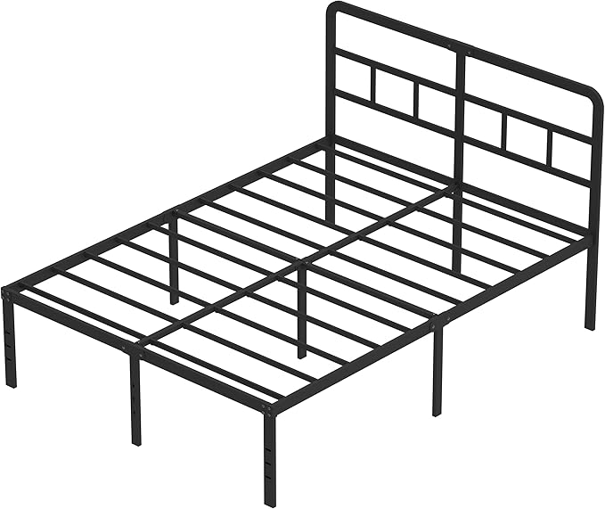 DiaOutro 18 Inch Full Size Bed Frame with Headboard No Box Spring Needed, Heavy Duty Metal Platform with Steel Slat, Mattress Foundation, Easy Assembly, Noise Free, Black