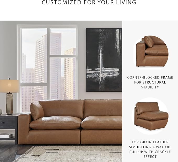 Signature Design by Ashley Emilia Modern Leather Match 3-Piece Sectional Sofa with Loose Back Cushions and 2 Bolster Pillows, Light Brown