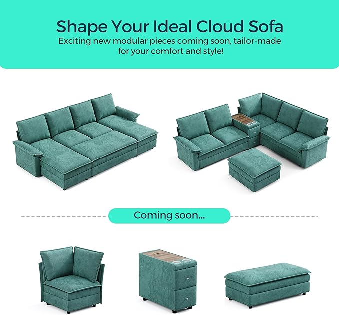 LINSY HOME Modular Sectional Couches, 115" U Shaped Cloud Sofa with Versatile Console, Chenille 4-Seat Sofa Set for Living Room, Apartment, Office, Green