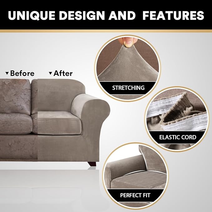 PrinceDeco Velvet XL Couch Cover for Oversized Sofa 4 Piece Sofa Covers for 3 Cushion Couch Washable Furniture Protector with Non Slip Elastic Bottom Width Up to 97 Inch(X-Large, Taupe)