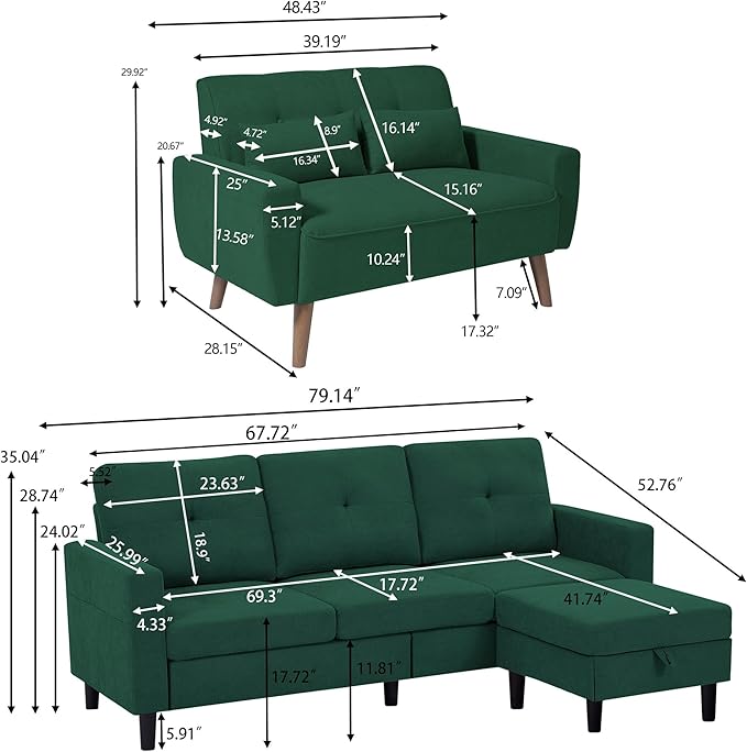 Convertible Sectional Sofa Set, Small L Shaped 3-Seat Couch with Reversible Chaise and Accent Chair, Modern Polyester Sofas Couches for Living Room, Green | L Shaped 3-Seat, Reversible Chaise, Accent Chair, Modern, Polyester, Living Room