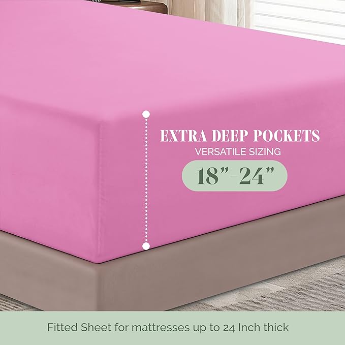 Elegant Comfort 1500 Premium Hotel Quality 18-24 Inches Deep - Extra Deep Pocket Single Fitted Sheet for High Mattress, Luxury and Softest, Smart Pocket - Wrinkle Free, King, Light Pink
