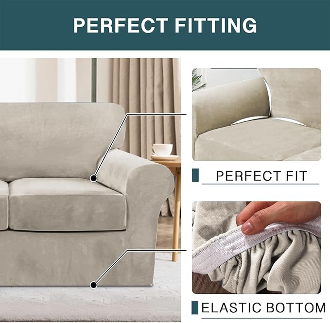 FantasDecor 3 Piece Sofa Covers Velvet for 2 Cushion Couch Stretch Loveseat Slipcover with Individual Seat Elastic Furniture Protector for Pets (Sofa, French Oak)