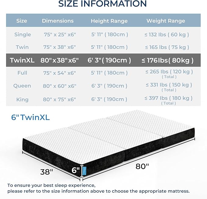 Odorless Foldable Mattress Twin XL 80" x 38" x 6", 6 Inch Medium Firm Folding Foam Mattress with Storage Bag, Fiberglass Free Trifold Memory Foam Mattress for RV, Guest Bed