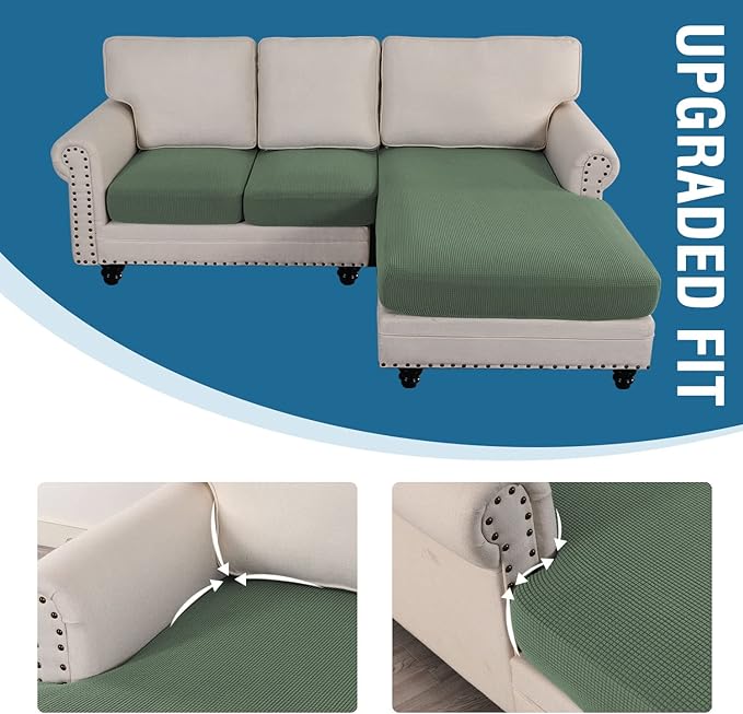 H.VERSAILTEX Sectional Couch Covers 3 Pieces Sofa Seat Cushion Covers L Shape Separate Cushion Couch Chaise Cover for Both Left/Right Sectional Couch (Seat Only: 1 Chaise + 2 Sofa, Loden Frost)