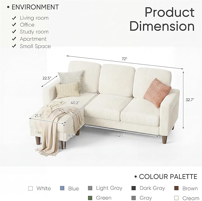 YESHOMY L-Shaped Sofa Couch, Small Couch with Reversible Chaise and Ottoman, Convertible Sectional Comfy 3 Seat Sofas with Side Pockets for Apartment and Living Room (Cream)