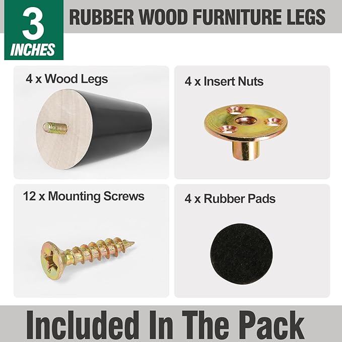 FoDau770 Black Rubber Wood Furniture Legs 3 Inches, Slant Tapered Wood Feet Mid Century Sofa Legs Set of 4, 5/16" UNC Furniture Feet Replacement Parts for Cabinet Couch Dresser Chair Ottoman Table