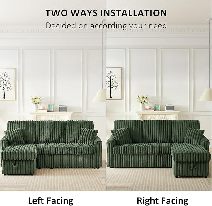 Sleeper Sofa Bed, 81” Pull Out Couch Bed with Reversible Storage Chaise, 3 in 1 L-Shaped Couch with Charging Station, Cup Holder, Side Pocket, Plush Corduroy Couches for Living Room(Green)