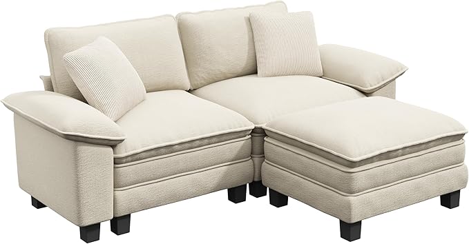 PHI VILLA Cloud Modular Couches Sets, 87.5" Sectional Loveseat Sofa with 1 Movable Ottoman, 3-Seater Comfy Couches for Living Room Apartment, Chenille Fabric, Beige