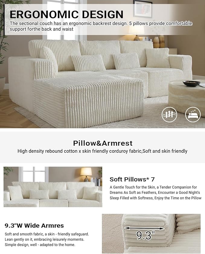 110" Cloud Sectional Couch, Modular Sectional Sofa with Deep Seat, Corduroy Upholstered Boneless Couch for Living Room Bedroom, Left Facing Chaise (Beige, 110" Right Facing Chaise)