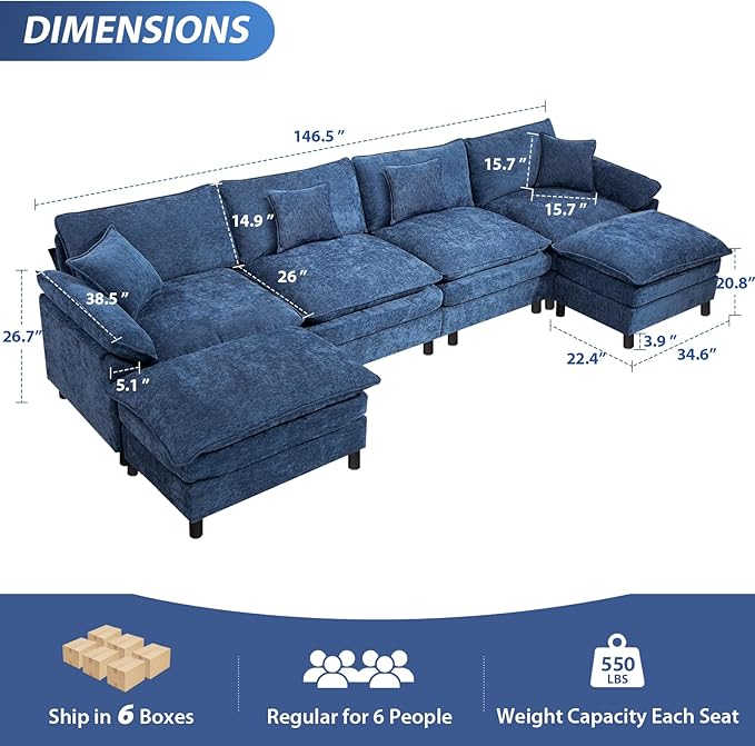 Oversized Modular Sectional Sofa, 146.5 Inch U Shaped Cloud Couch Set, 4-Seat Comfy Convertible Sofa with 2 Movable Ottoman, DIY Combination Sleeper Couch for Living Room(Chenille, Blue)