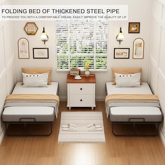 Espsilto Folding Bed with Mattress for Adults, 75x31 Cot Size Portable Foldable Roll Away Beds for Guest with Memory Foam Mattress, Space Saving Fold Up Bed