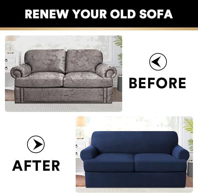 PrinceDeco T Cushion Loveseat Slipcover 3 Pieces Sofa Covers for T Cushion Sofa Stretch Slip Covers for 2 Cushion Couch with 2 Individual T Shape Seat Covers Width Up to 76"- Washable, Navy