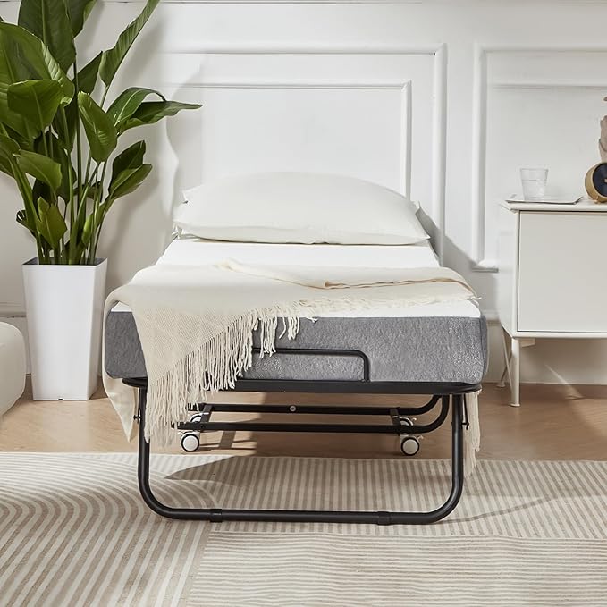 MELLCOM Folding Bed with Mattress,75" x 31" Foldable Rollaway Bed with Mattress for Adults, 5 Inch Memory Foam Mattress,Single Cot Size Portable Bed with Metal Frame&Bed Side Pocket