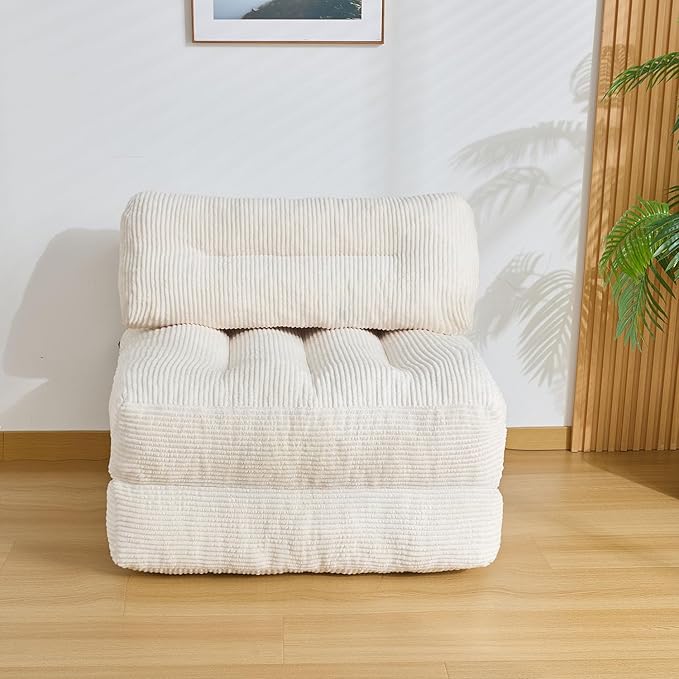 Folding Sofa Bed, Convertible Sleeper Chair Couch Bed Faux Rabbit Fur for Adults, with Back Support Floor Couch Comfy Floor Sofa for Living Room Bedroom, Ivory, Single