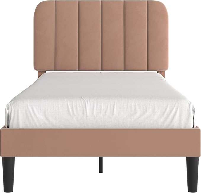 VECELO Twin Size Bed Frame with Upholstered Headboard, Velvet Platform Bedframe Mattress Foundation, Strong Wood Slat Support, No Box Spring Needed,Tan Brown