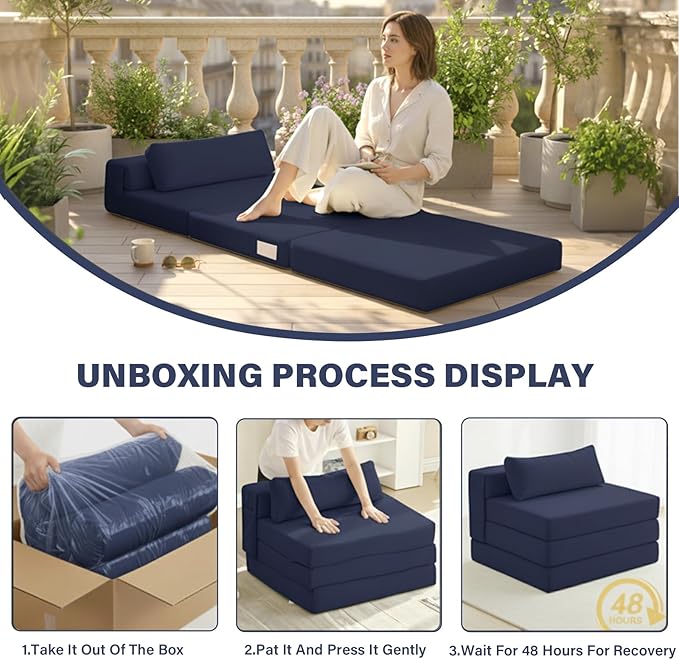 Tiita Folding Sofa Bed Chair, 4-Fold Convertible Sleeper Chair with Lumbar Pillow, Washable Cover & Side Pocket, Floor Couch Bed with Raised Seat, Single Size for Small Spaces, Navy