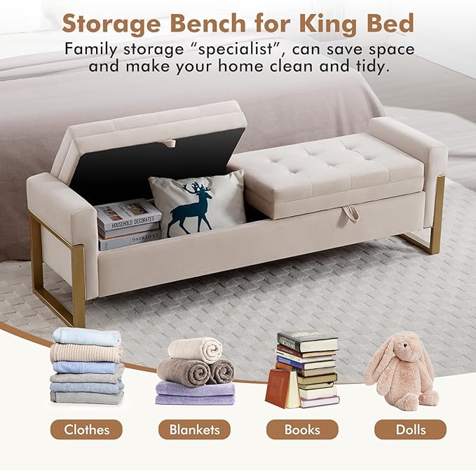 67" Storage Bench for Bedroom End of Bed, Velvet King Size Bed Bench with Double Lids and Gold Legs, Storage Ottoman Bench with Arms for Living Room Window and Entryway, Beige