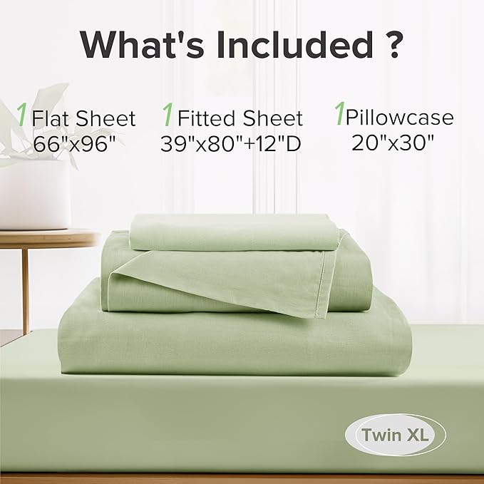 Comfort Spaces 100% Cotton Sheets Twin XL, Breathable & Soft Cotton Sheets, Naturally Cool Cotton Bed Sheets with 12" Elastic Pocket Fits up to 14" Mattress, All Seasons Sheet Set, Sage Green 3 Piece