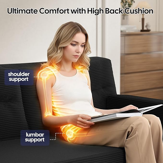 MeMoreCool Boneless Couch Convertible Sofa Bed Queen, Corduroy Futon Couch Sleeper Sofa, Boneless Loveseat Pull Out Couch Bed, Fold Out Floor Sofa for Living Room Bedroom Apartment, Black