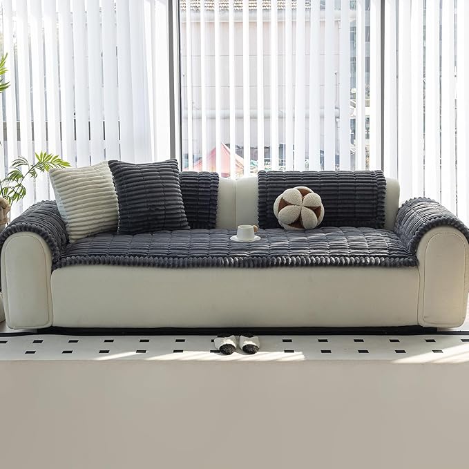 Sofa Couch Cover, Sofa Covers for Dogs Washable, Non-Slip Striped Sofa Slipcovers for Sectional Sofa, Sofa Cover Furniture Protector for L Shaped(Dark Grey, 27.6"x 59")