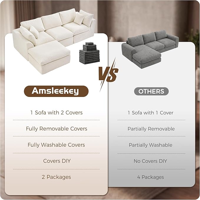 108" Cloud Sectional Couches, with 1 Extra Washable Cover, L Shaped 25.6" Deep Seat Couch with Ottoman, Oversized Comfy Living Room Sofa, DIY Color Refresh（ White Sofa + Green Cover Set）