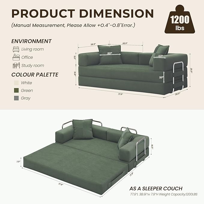 78 Inch Convertible Sofa Bed, 5-in-1 Futon Sofa Bed Pull Out Couch, Boneless Couch Bed for Living Room, Corduroy Boneless Couches for Bedroom, Apartment, No Assembly Sleeper Sofa Bed, Green | 4 Fixed-Shape Frame, Removable Corduroy, High-density foam, ...