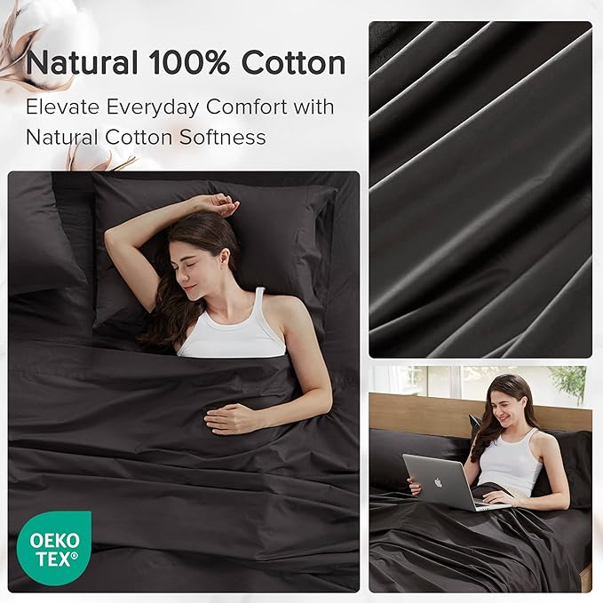 Comfort Spaces 100% Cotton Sheets Twin XL, Breathable & Ultra Soft Cotton Sheets, Naturally Cool Cotton Bed Sheets with 12" Elastic Pocket Fits up to 14" Mattress, All Season Sheet Set, Black, 3 Piece