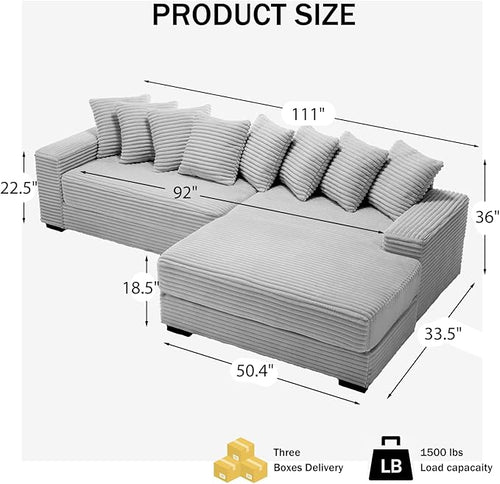 111 Inch Corduroy Sectional Couches for Living Room | L-Shaped Sectional Couch with 8 Pillows | Cloud Couch with Deep Seat | Solid Wood Frame Sofa Light Grey (Right Facing Chaise)