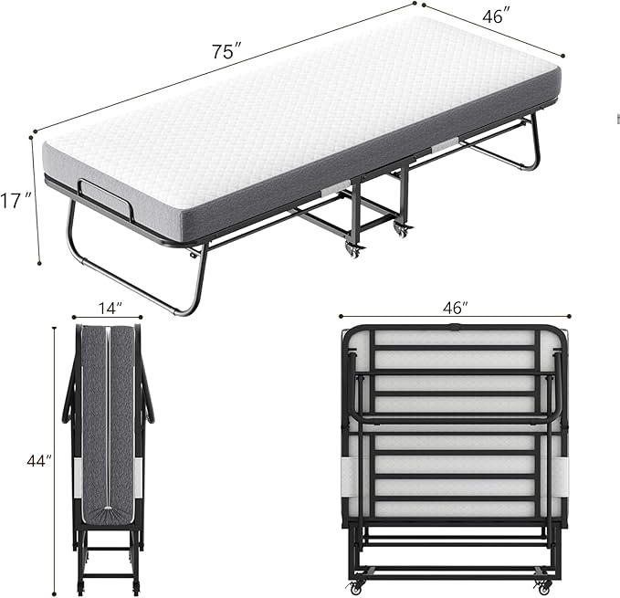 Espsilto 75''x46'' Large Folding Bed with Mattress for Adult - Sturdy Rollaway Bed for Guest with Automatic Leg Opening，Reinforced Steel Pipe | Hard tubular metal