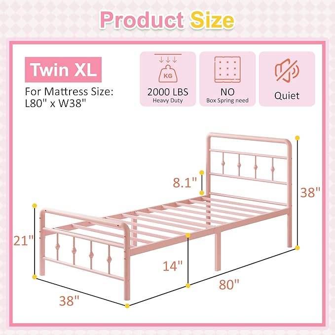 Richwanone 14 inch Twin XL Bed Frame with Headboard and Footboard, Heavy Duty Metal Bed Frame Victorian Style, No Box Spring Needed, Easy Assembly, Pink