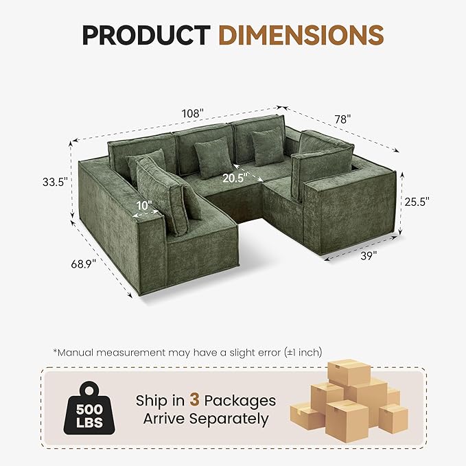 108'' Boneless Chenille U Shaped Couch, Oversized Modular Sectional 5 Seater Sofa, Modern Deep Seat Corner Cloud Compressed Couch, No Assembly Sleeper Sofa with Chaise for Living Room, Green