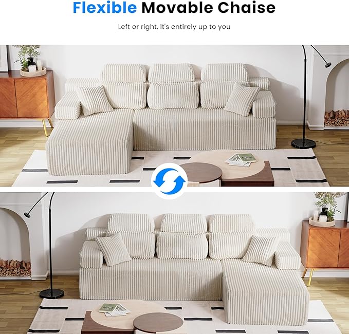 106’’ Sectional Couch with High Backrest, L-Shape Modular Sectional Sofa Convertible Left or Right Chaise, Cloud Corduroy, Boneless Couches Comfortable for Living Room(Beige)