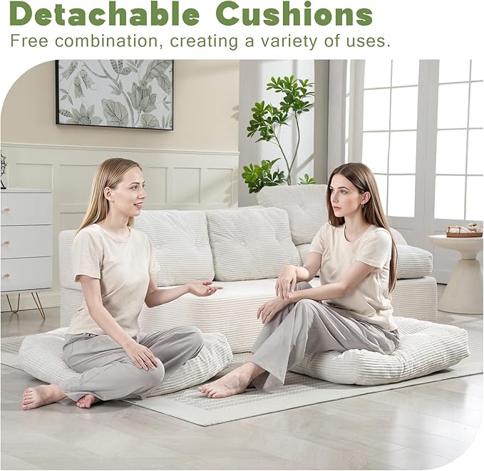 MeMoreCool Cloud Couch Boneless 3-Seater Sofa Bed – Beige Corduroy Convertible Floor Couch with Tufted Cushion, No Assembly Foldable Sleeper for Living Room, Apartment and Small Spaces