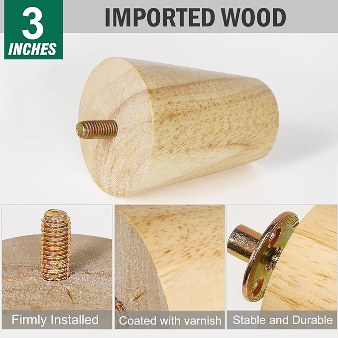 FoDau770 Rubber Wood Furniture Legs 3 Inches, Straight Tapered Wood Feet Mid Century Sofa Legs Set of 4, 5/16" UNC Furniture Feet Replacement Parts for Cabinet Couch Dresser Chair Ottoman Table