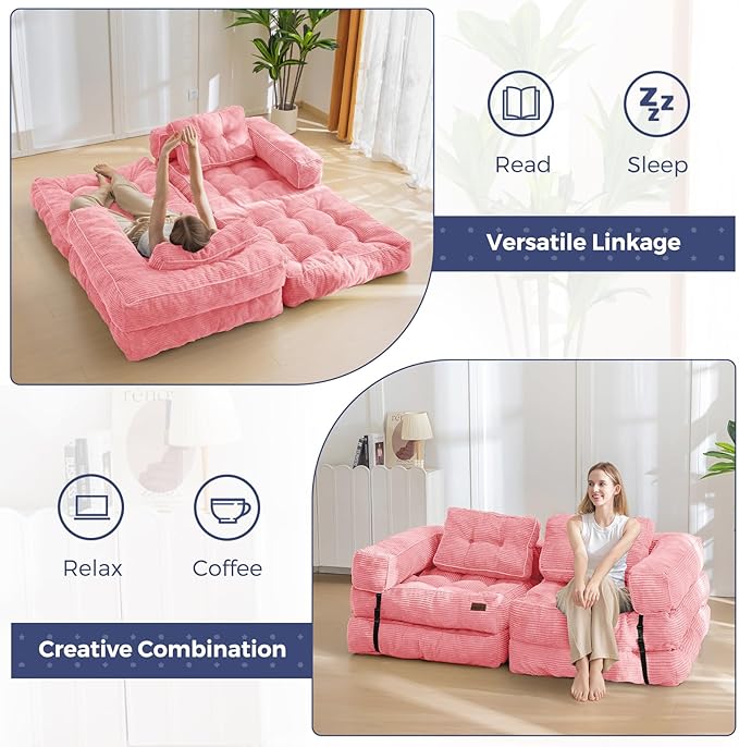 MAXYOYO Folding Sofa Bed, L-Shaped Convertible Sofa Bed with Armrest Foldable Sleeper Sofa with Pillow, Portable Fold Out Chair Bed Comfy Floor Lounge for Living Room Bedroom, Pink