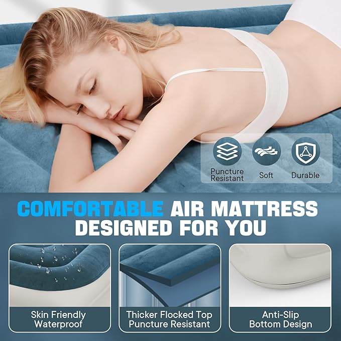 VOSSER Queen Air Mattress with Built-in Pump, Extra Thick Blow Up Mattress, Leak-Proof Air Bed with Storage Bag, Flocked Top Inflatable Mattress for Home, Camping & Guests，800lbs