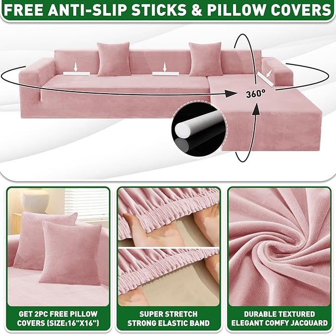 ZNSAYOTX 2026 Soft Velvet Sectional Couch Covers, Luxury Plush Slipcovers with Elastic Bottom for L Shape Sectional Sofa, 2 Pcs Pet Friendly Protector (3 Seat Couch + 3 Seat Chaise, Rose)
