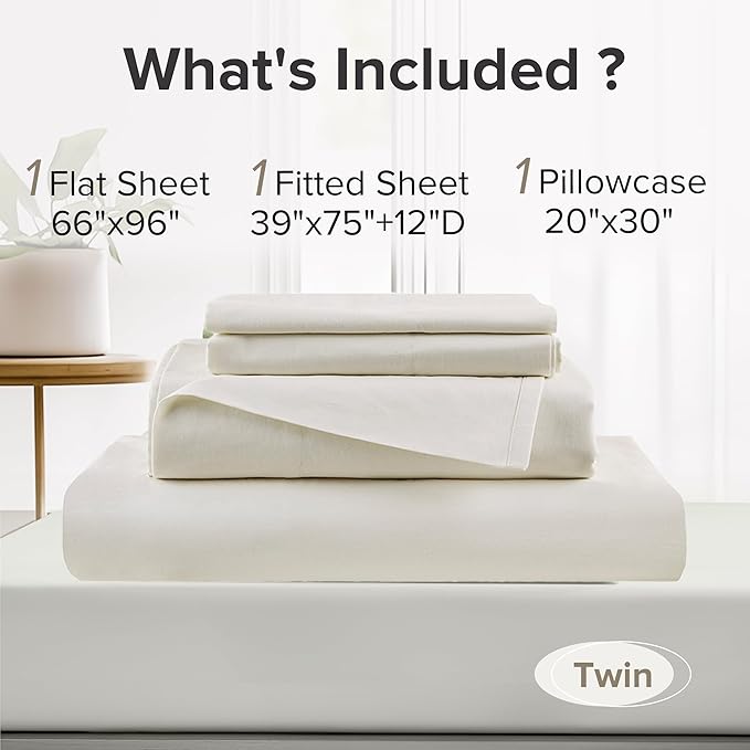 Comfort Spaces 100% Cotton Sheets Twin, Breathable, Soft Cotton Sheets, Naturally Cool Cotton Bed Sheets with 12" Elastic Pocket Fits up to 14" Mattress, All Season Sheet Set, Twin Ivory 3 Piece