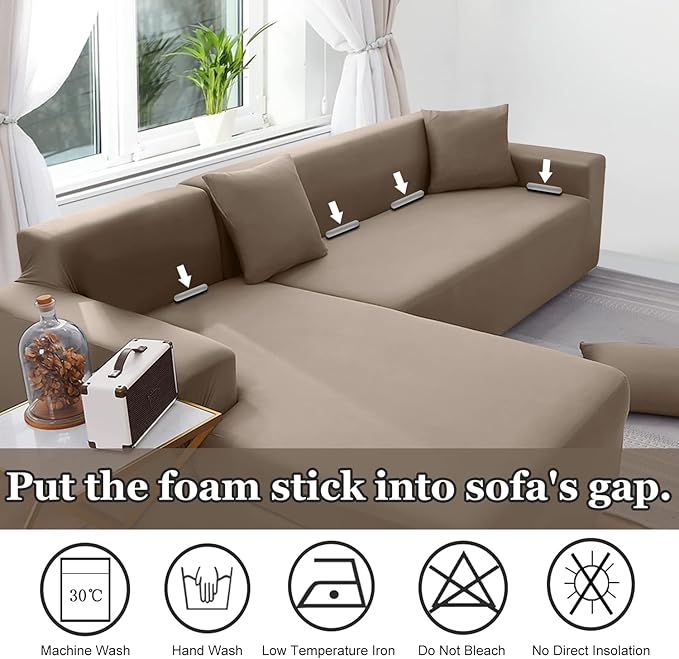 NAISI Couch Cover L Shape 2 Pieces Sofa Cover Soft Stretch Slipcovers with 2pcs Pillowcases Furniture Protector Sectional Couch Covers 3 Seater + 3 Seater(Tan)