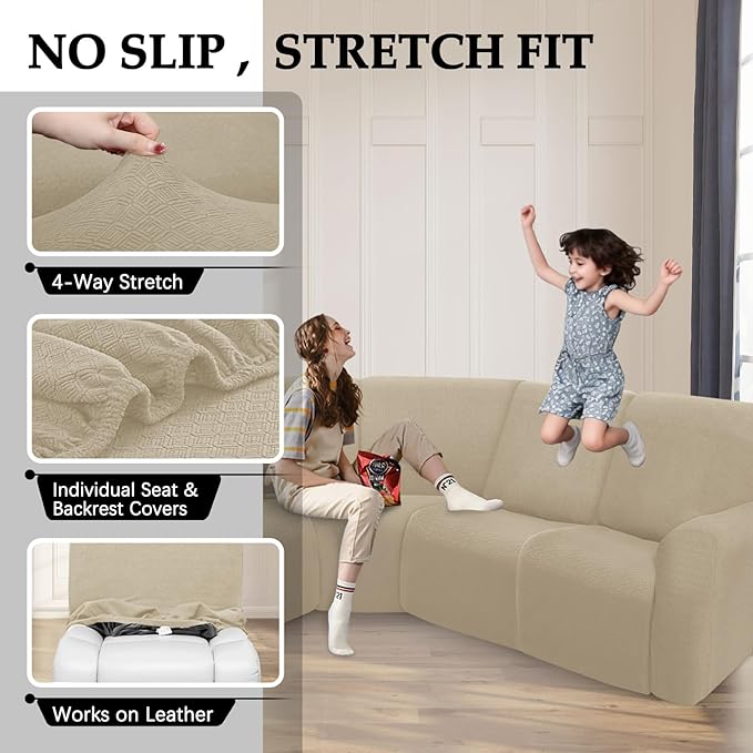 Couch Covers for Sectional Sofa Reclining L Shape Waterproof Washable Sectional Couch Covers Super Stretch Recliner Sofa Slipcover(5 Seater Cover, Brownish Yellow)