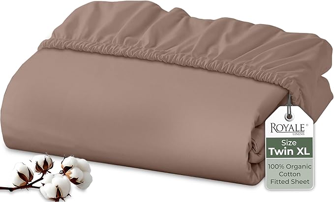 Royale Linens 100% Organic Cotton Fitted Sheet - Percale Weave - Super Soft Deep Pocket Bottom Sheets - Mocha Elastic Sheet Twin XL Size - Twin XL Fitted Sheets Only - (39"x75"+15", Mocha)