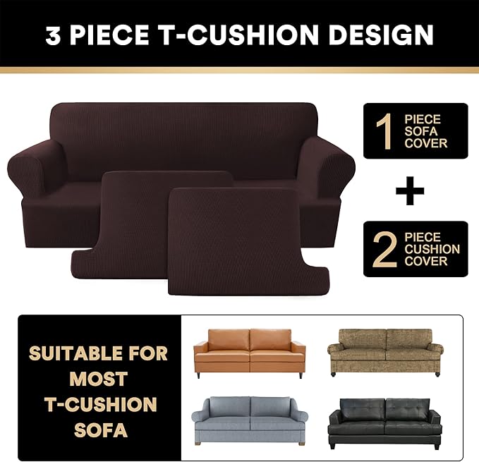 PrinceDeco T Cushion Loveseat Slipcover 3 Pieces Sofa Covers for T Cushion Sofa Stretch Slip Covers for 2 Cushion Couch with 2 Individual T Shape Seat Covers Width Up to 76"- Washable, Brown