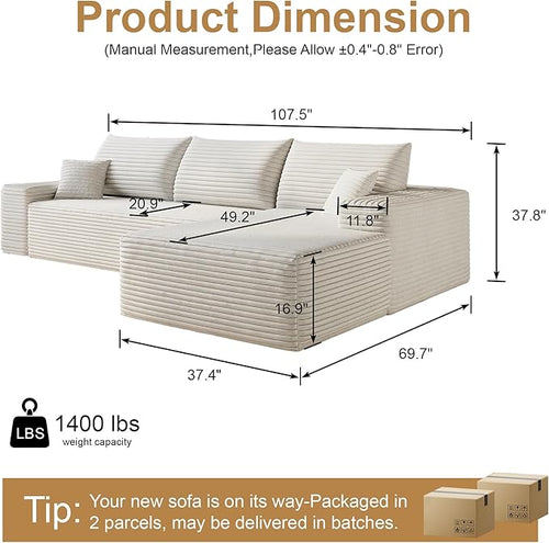 108" Sectional Couches for Living Room Cloud Couch Sofa with L-Shape Upholstered Boneless Couchs Modern Modular Sectional Couch with Chaise (White, 108" Right Facing Chaise+2Seaters)