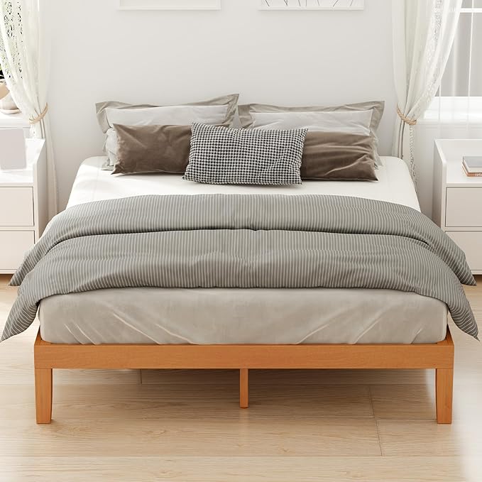 Sweetcrispy Queen Wood Platform Bed Frame, Solid 1000LBS Heavy Duty Bed Base with Wooden Slat Support, Sturdy, Stylish & Noise-Free Design, No Box Spring Needed, 12IN Natural Pine