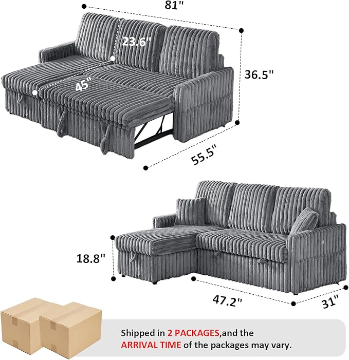 Sleeper Sofa Bed, 81” Pull Out Couch Bed with Reversible Storage Chaise, 3 in 1 L-Shaped Couch with Charging Station, Cup Holder, Side Pocket, Plush Corduroy Couches for Living Room(Light Grey)