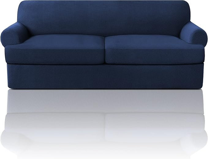 PrinceDeco T Cushion Sofa Slipcover 3 Pieces Sofa Covers for T Cushion Couch Soft Couch Cover Sofa Slip Covers Furniture Covers with 2 Individual T Shape Seat Cover Width Up to 88", Navy