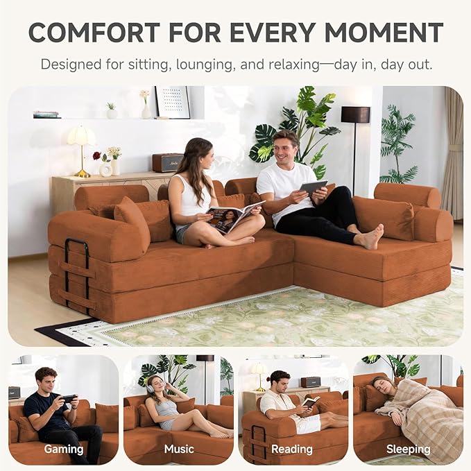 106” L Shaped Boneless Sectional Couch, Two 70.87” Pieces Convert to 141.7” Extra Long Straight Sofa, Corduroy Couch in a Box with Headrest and Back Pillows for Apartment Living Room, Orange